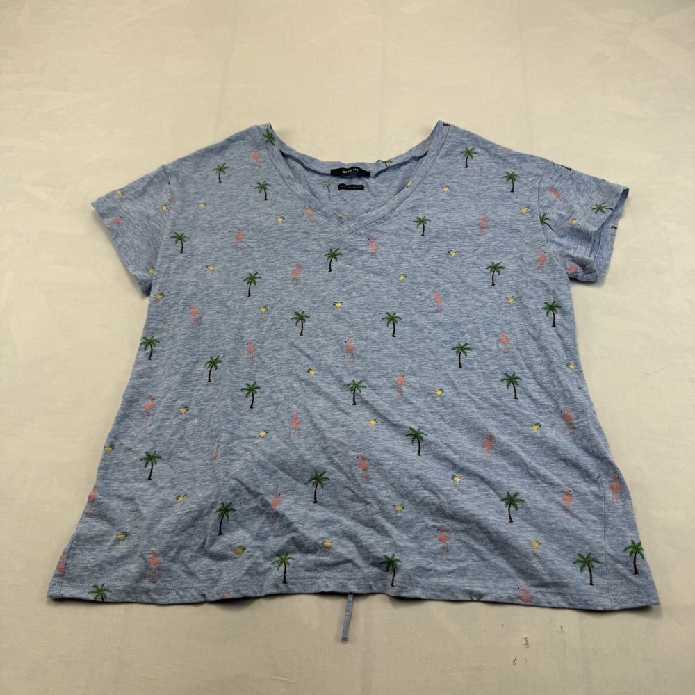 Miss Me Womens S Blue Flamingo Palm Tree Cocktail Print V Neck Tee